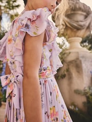 Lilac Purple Short Sleeve Pleated Ruffle Jumpsuit (3-16yrs) - Image 3 of 3