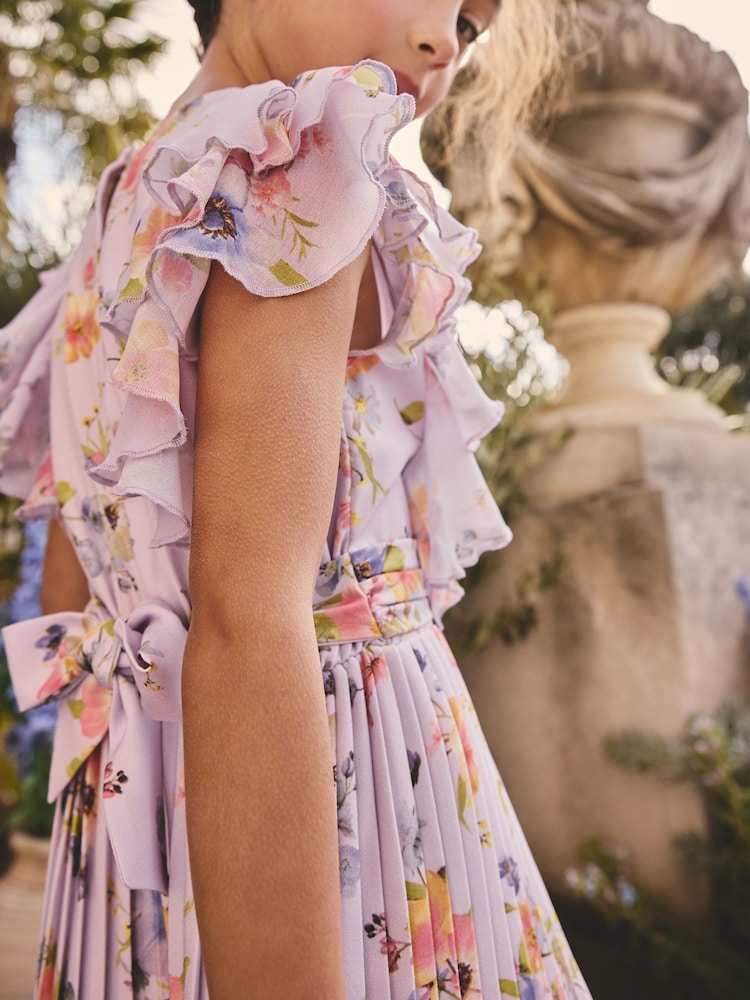 Lilac Purple Short Sleeve Pleated Ruffle Jumpsuit (3-16yrs) - Image 3 of 3