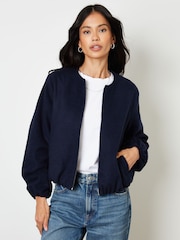 Threadbare Blue Brushed Bubble Hem Bomber Jacket - Image 1 of 5