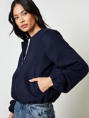 Threadbare Blue Brushed Bubble Hem Bomber Jacket - Image 4 of 5