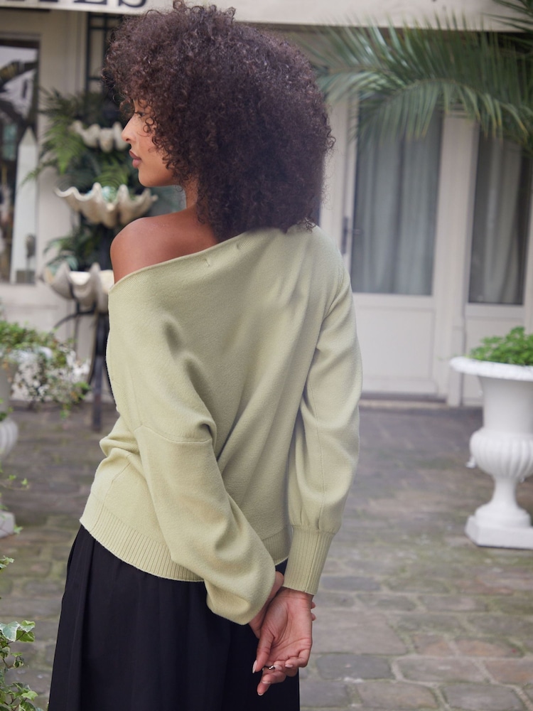 Threadbare Green Slash Neck Knitted Jumper - Image 2 of 4