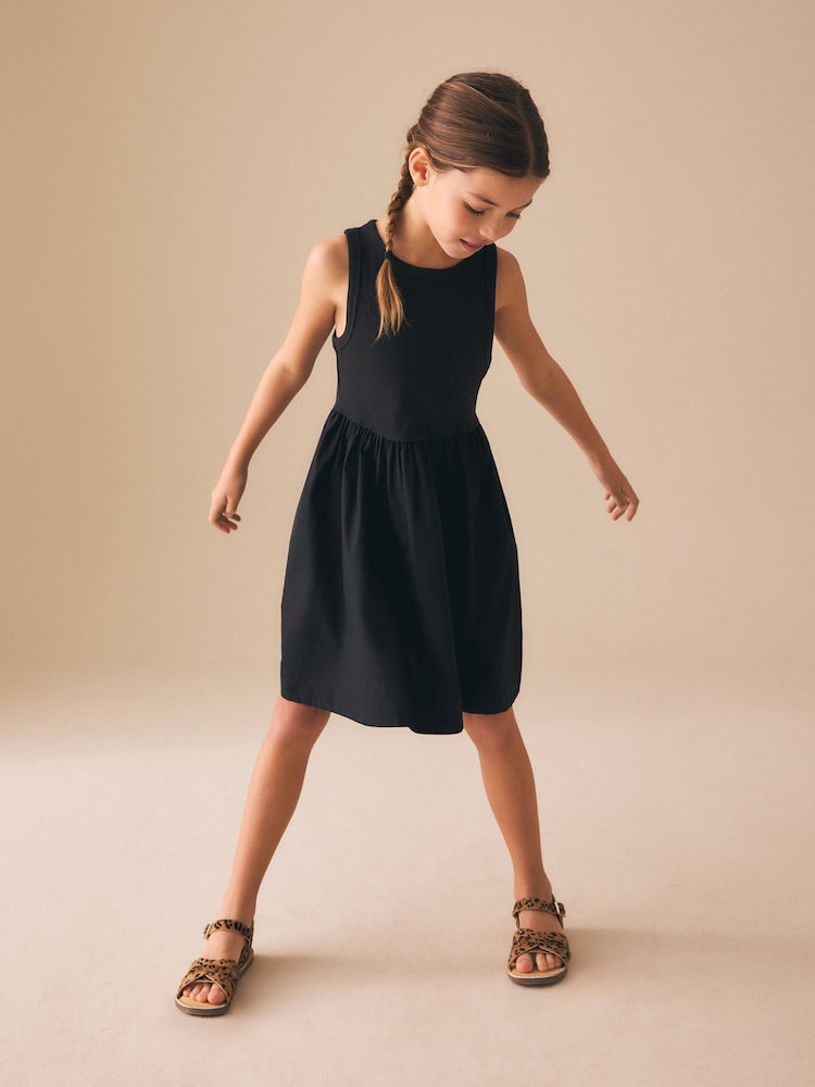 Negru - Rochie fără mâneci din amestec de jerseu și țesătură (3-16ani) - Imaginea 2 din 7