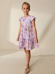أرجواني فاتح زهور - Angel Sleeve Crinkle Dress (3-16yrs) - صورة 2 من 7