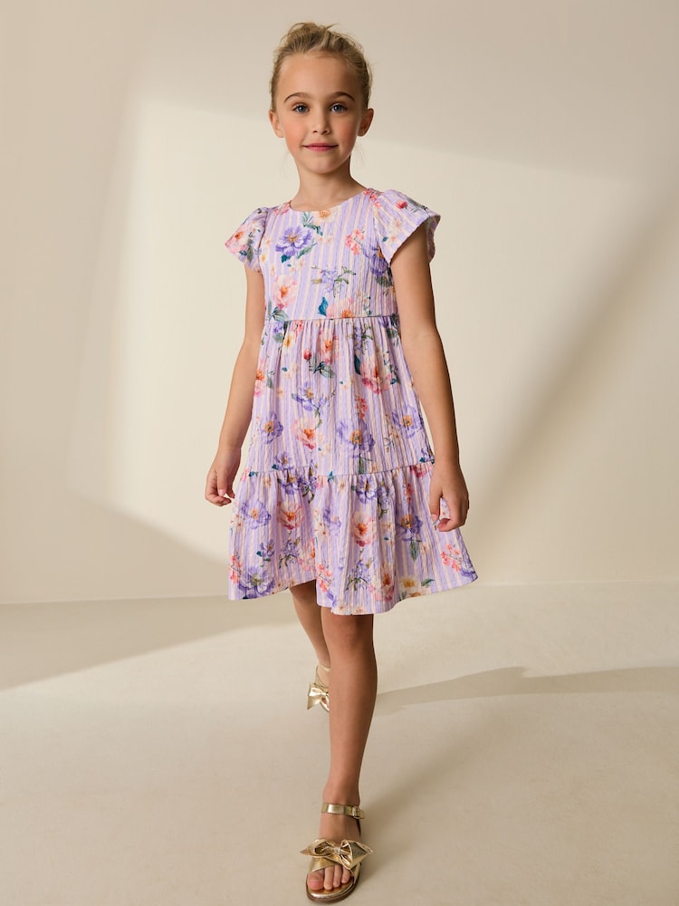 Lilac Floral Angel Sleeve Crinkle Dress (3-16yrs) - Image 2 of 3 Lilac Floral Angel Sleeve Crinkle Dress (3-16yrs) - Image 2 of 3