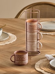 Set of 4 Natural Global Geo Stacking Mugs with Wire Stand - Image 2 of 4