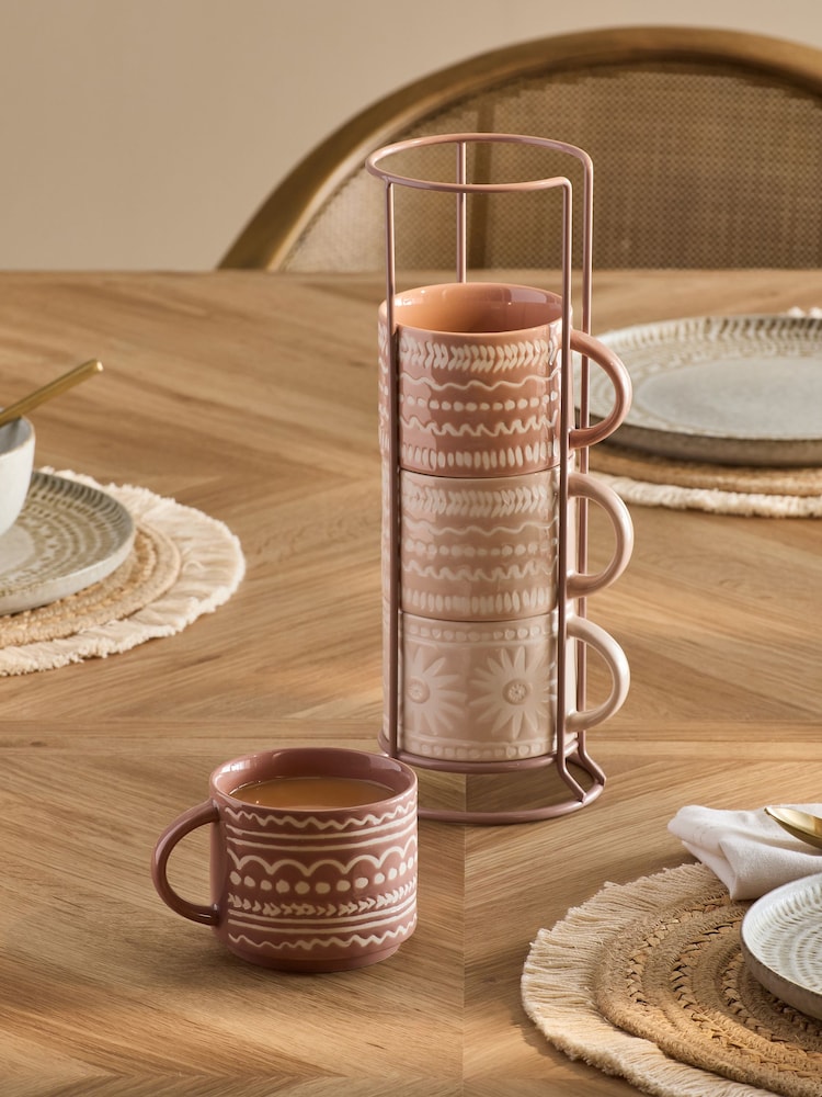 Set of 4 Natural Global Geo Stacking Mugs with Wire Stand - Image 2 of 4
