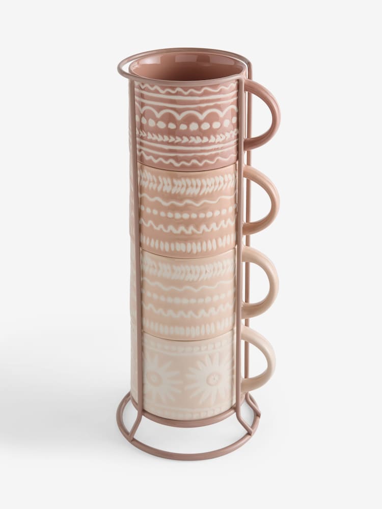 Set of 4 Natural Global Geo Stacking Mugs with Wire Stand - Image 4 of 4