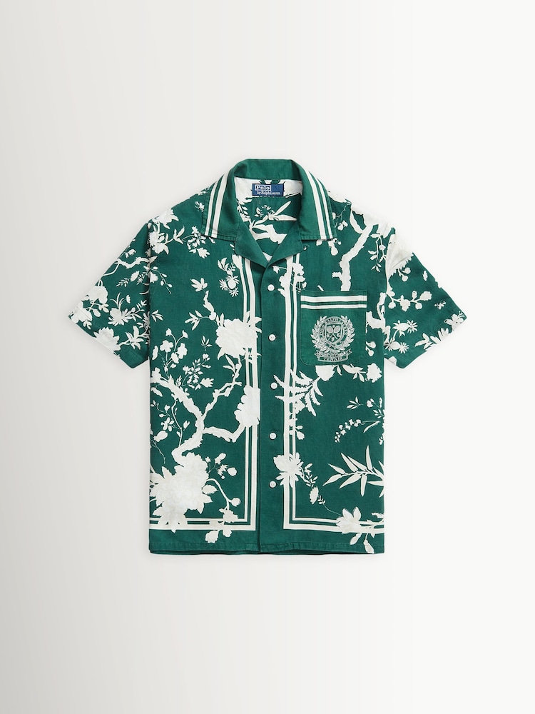 Polo Ralph Lauren Green Tea House Floral Wimbledon Print Silk Blend Short Sleeve Classic Fit Camp Collar Shirt - Image 1 of 3