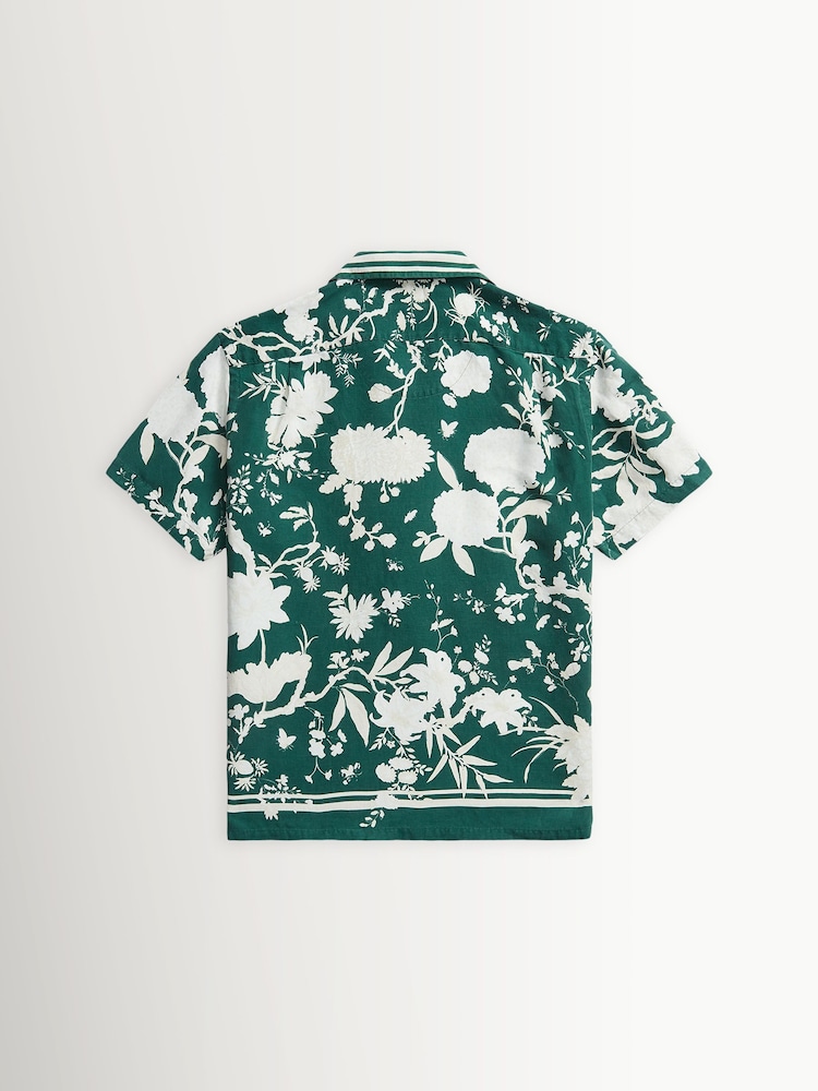 Polo Ralph Lauren Green Tea House Floral Wimbledon Print Silk Blend Short Sleeve Classic Fit Camp Collar Shirt - Image 2 of 3
