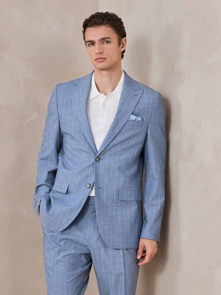 Chambray Blue Slim Fit Stripe Suit Jacket - Image 1 of 12