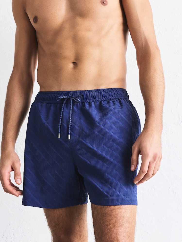 Navy Blue Diagonal Texture 5 Inch Swim Shorts - Image 1 of 9