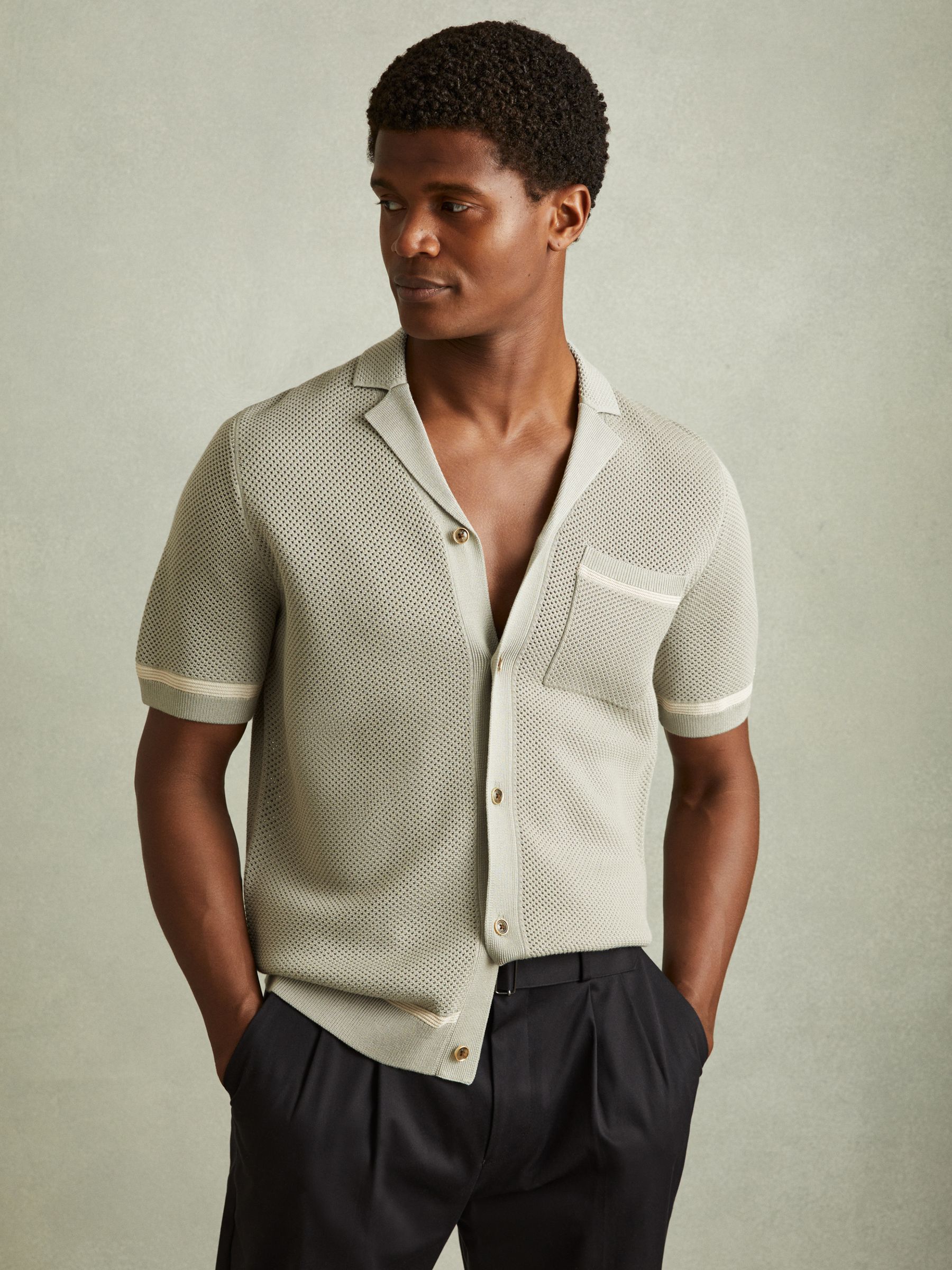 Buy Reiss Light Sage Green Albion Open-Stitch Cuban Collar Shirt