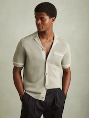 Reiss Light Sage Green Albion Open-Stitch Cuban Collar Shirt - Image 1 of 5