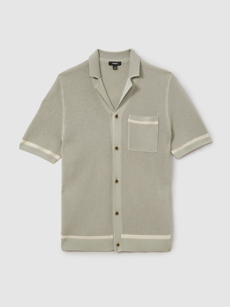 Reiss Light Sage Green Albion Open-Stitch Cuban Collar Shirt - Image 2 of 5