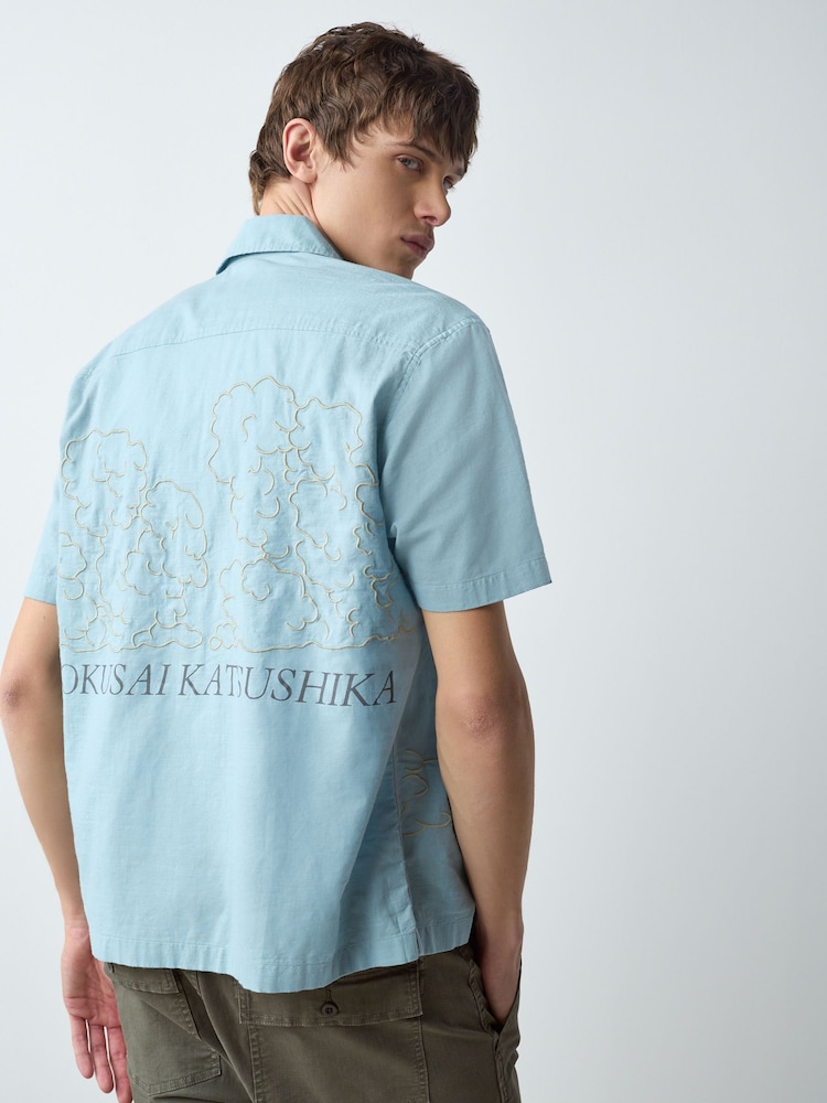 Bleu - Chemise Hokusai Wave texturée à manches courtes - Image 1 de 8