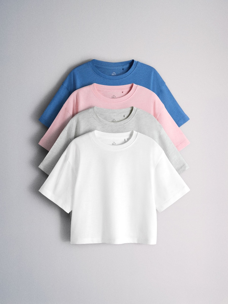 The Set 4 Pack Cropped Short Sleeve Cotton Blend T-Shirts Pink/Blue/Grey/White - Image 1 of 6