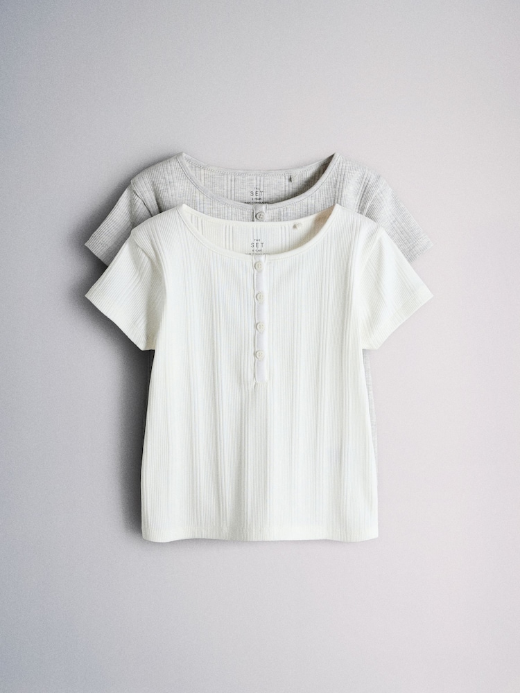 The Set Grey/White Short Sleeve Rib Henley Cotton T-Shirts 2 Pack - Image 2 of 6