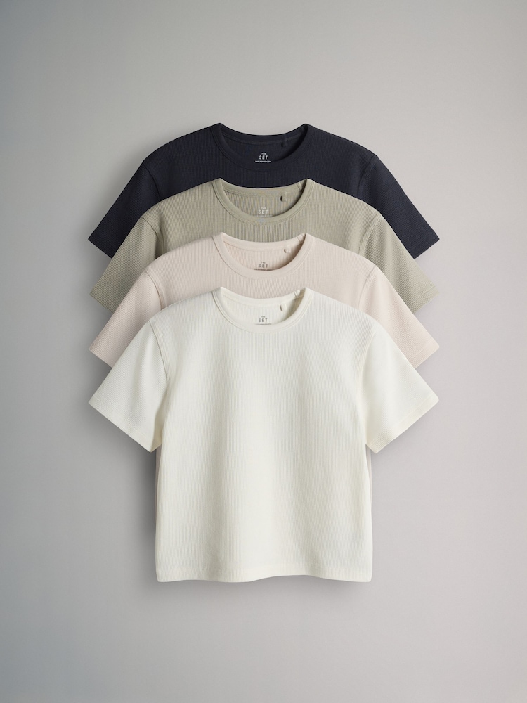 The Set Charcoal/Brown/Oatmeal Marl/White 4 Pack Short Sleeve Waffle T-Shirts - Image 1 of 7 The Set Charcoal/Brown/Oatmeal Marl/White 4 Pack Short Sleeve Waffle T-Shirts - Image 1 of 7