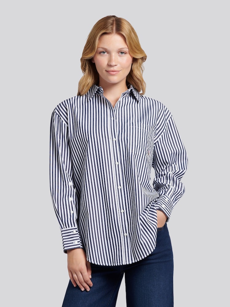 U.S. Polo Assn. Blue Dark Cotton Poplin Loose Fit Stripe Shirt - Image 1 of 9 U.S. Polo Assn. Blue Dark Cotton Poplin Loose Fit Stripe Shirt - Image 1 of 9
