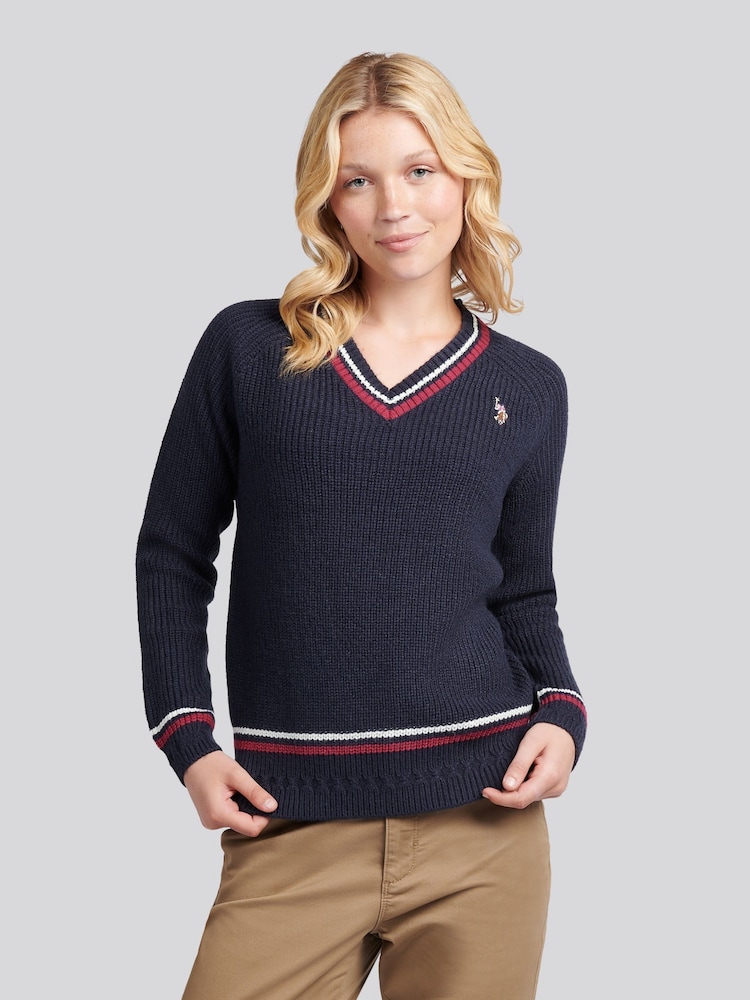 U.S. Polo Assn. Blue Tri Stripe Tipping Cricket Jumper - Image 1 of 2 U.S. Polo Assn. Blue Tri Stripe Tipping Cricket Jumper - Image 1 of 2