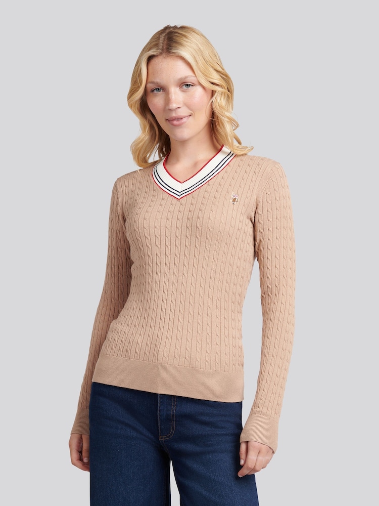 U.S. Polo Assn. Natural Fine Cable Contrast V-Neck Jumper - Image 1 of 1 U.S. Polo Assn. Natural Fine Cable Contrast V-Neck Jumper - Image 1 of 1