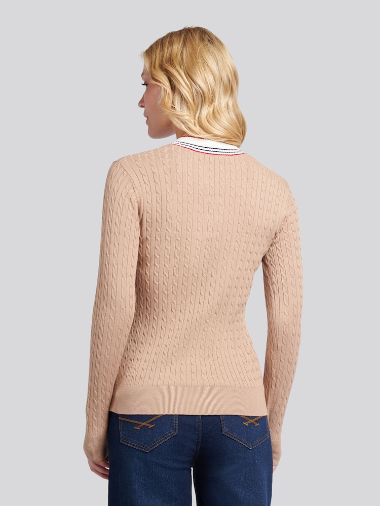 U.S. Polo Assn. Natural Fine Cable Contrast V-Neck Jumper - Image 2 of 4 U.S. Polo Assn. Natural Fine Cable Contrast V-Neck Jumper - Image 2 of 4