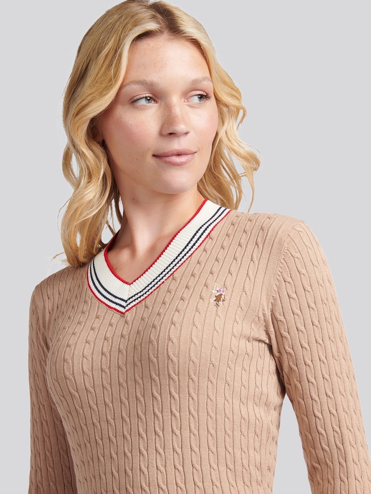 U.S. Polo Assn. Natural Fine Cable Contrast V-Neck Jumper - Image 4 of 4