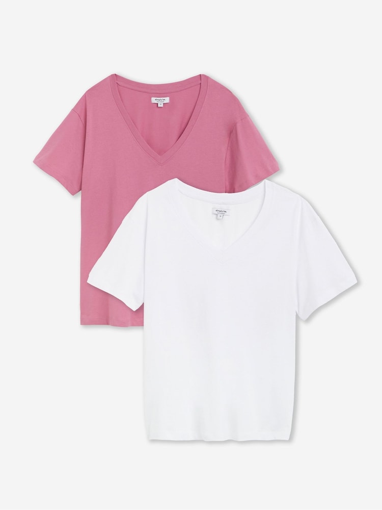 Simply Be White 2 Pack Longline V-Neck T-Shirts - Image 1 of 4 Simply Be White 2 Pack Longline V-Neck T-Shirts - Image 1 of 4