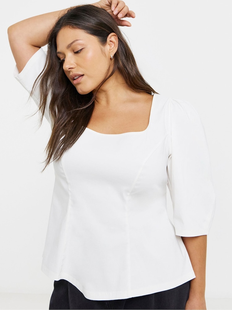 Simply Be White Super Stretch Cinched Fit and Flare Top - Image 1 of 4 Simply Be White Super Stretch Cinched Fit and Flare Top - Image 1 of 4