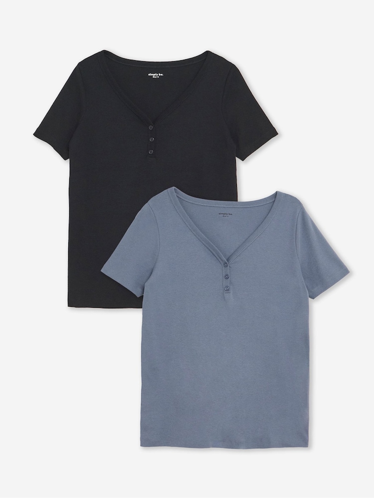 Simply Be Black 2 Pack Henley Tops - Image 1 of 5 Simply Be Black 2 Pack Henley Tops - Image 1 of 5