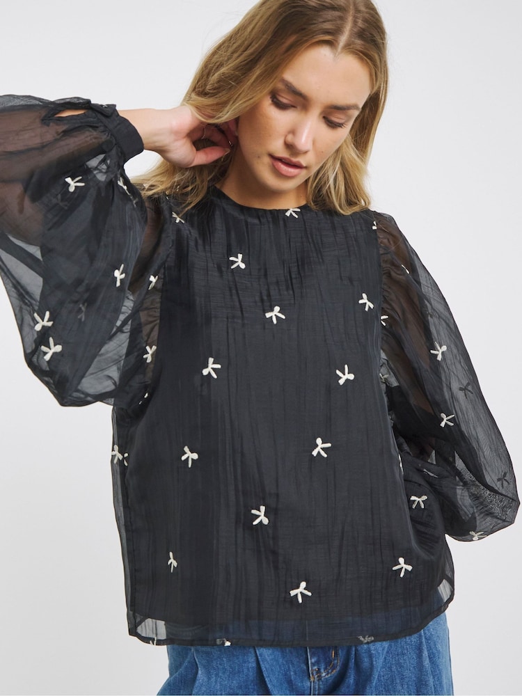 Simply Be Black Organza Emboridered Bow Top - Image 1 of 4 Simply Be Black Organza Emboridered Bow Top - Image 1 of 4