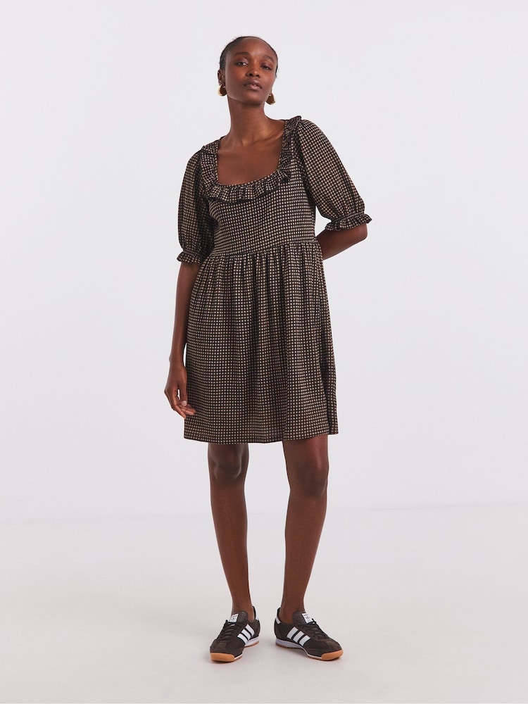 Simply Be Brown Textured Jersey Gingham Skater Dress - Image 1 of 4 Simply Be Brown Textured Jersey Gingham Skater Dress - Image 1 of 4