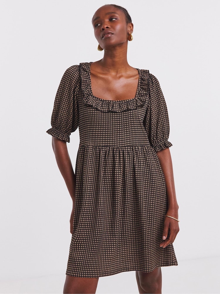Simply Be Brown Textured Jersey Gingham Skater Dress - Image 4 of 4 Simply Be Brown Textured Jersey Gingham Skater Dress - Image 4 of 4