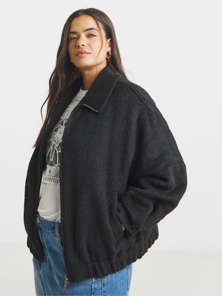 Simply Be Black Seam Detail Faux Wool Bomber Jacket - Image 1 of 4