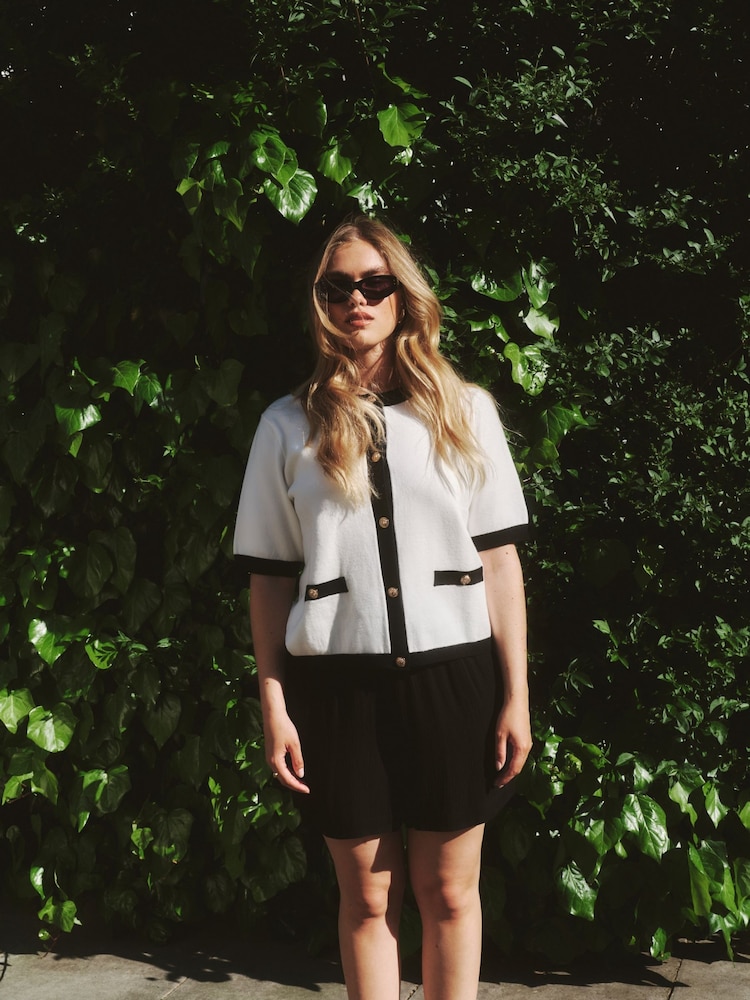 Simply Be White Contrast Short Sleeve Cardigan - Image 1 of 5 Simply Be White Contrast Short Sleeve Cardigan - Image 1 of 5