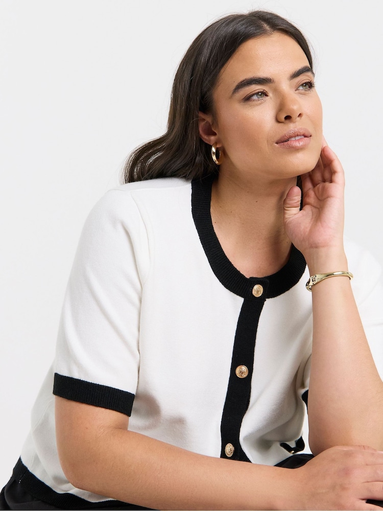 Simply Be White Contrast Short Sleeve Cardigan - Image 2 of 5 Simply Be White Contrast Short Sleeve Cardigan - Image 2 of 5