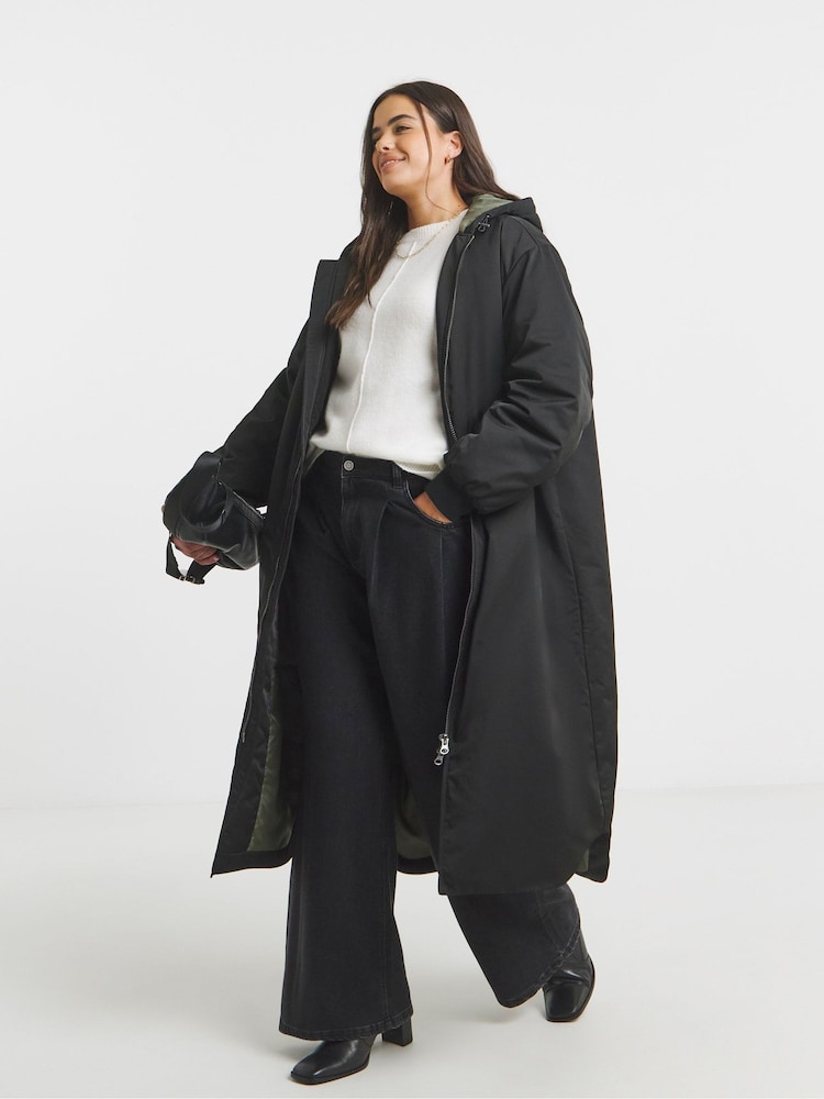 Simply Be Black Hooded Longline Bomber - Image 1 of 4 Simply Be Black Hooded Longline Bomber - Image 1 of 4