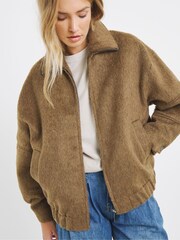 Simply Be Natural Seam Detail Faux Wool Bomber Jacket - Image 1 of 4