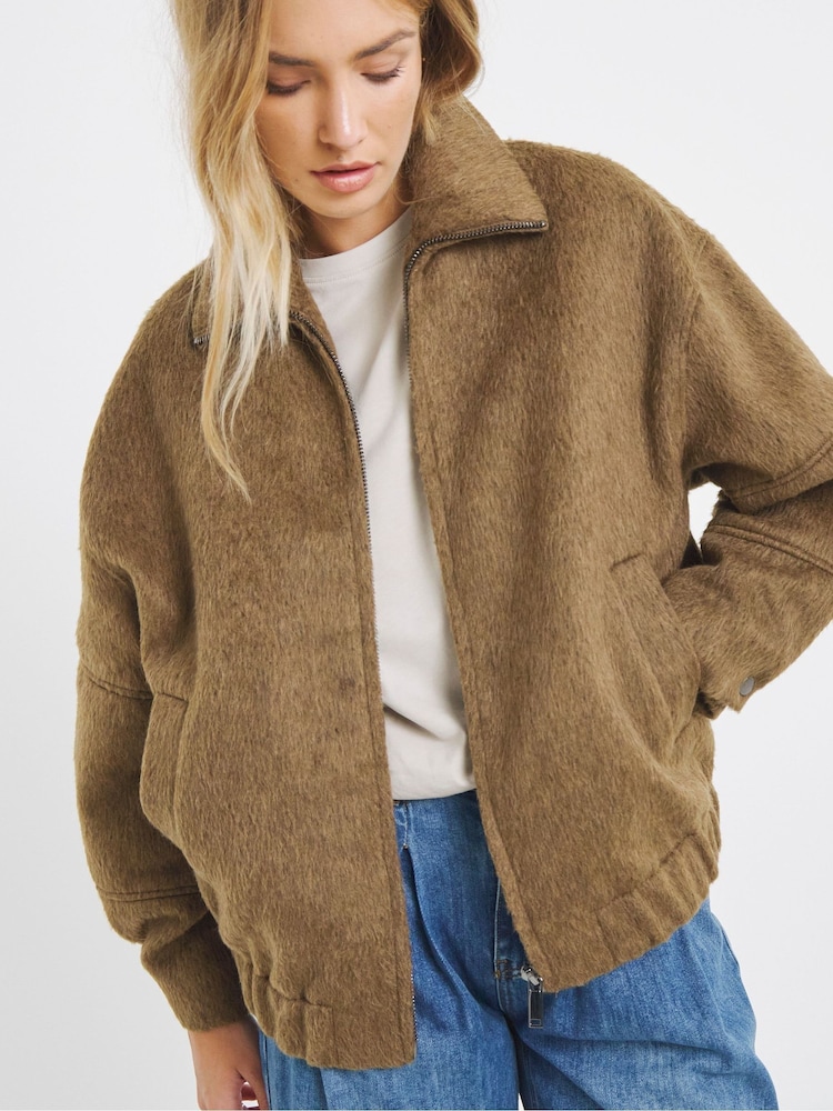 Simply Be Natural Seam Detail Faux Wool Bomber Jacket - Image 1 of 4
