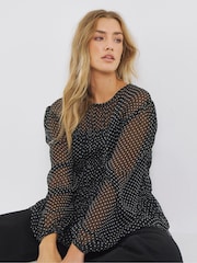 Simply Be Black Georgette Spot Print Shirred Blouse - Image 1 of 4