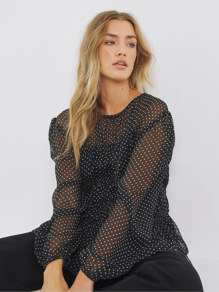Simply Be Black Georgette Spot Print Shirred Blouse - Image 1 of 4
