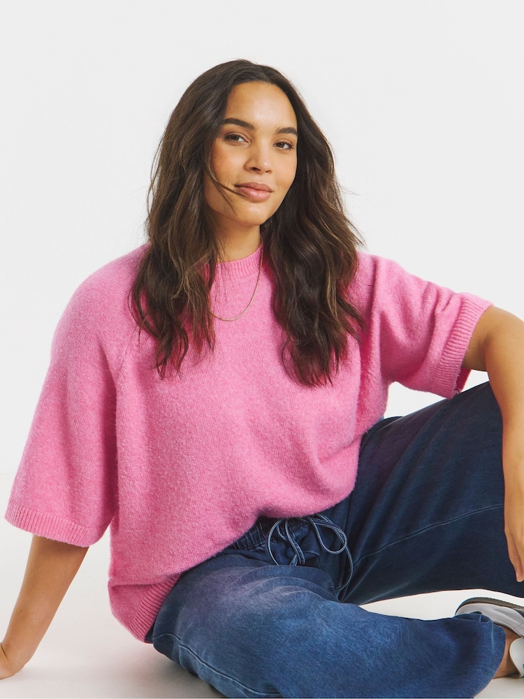 Simply Be Pink Short Sleeve Boxy Knit T-Shirt - Image 1 of 4 Simply Be Pink Short Sleeve Boxy Knit T-Shirt - Image 1 of 4
