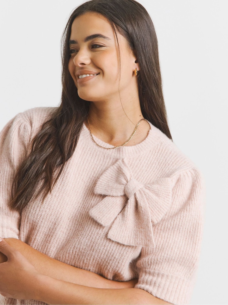 Simply Be Pink Puff Sleeve Bow Back Jumper - Image 2 of 4