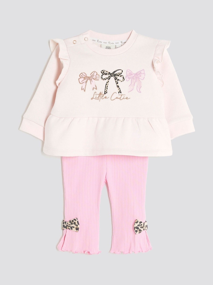 River Island Pink Baby Girls Bow Peplum Sweatshirt Set - Image 1 of 5
