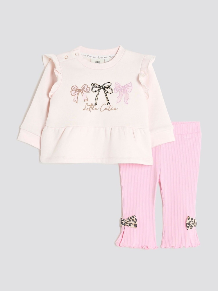 River Island Pink Baby Girls Bow Peplum Sweatshirt Set - Image 2 of 5