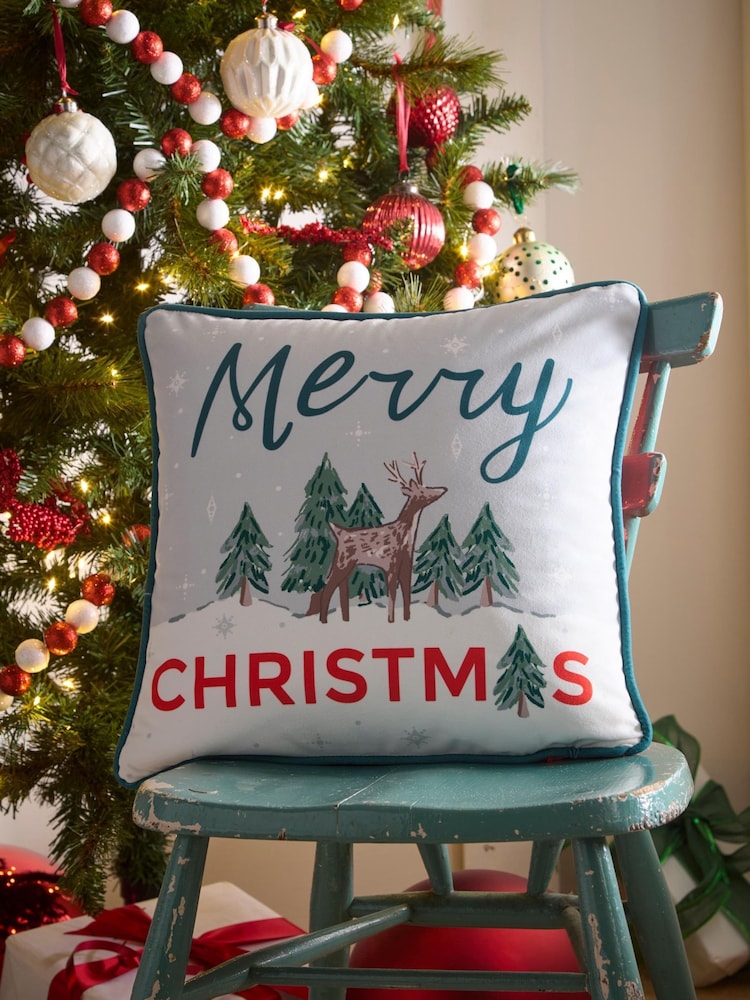 Fusion Green Merry Christmas Deer Festive Velvet Filled Cushion - Image 1 of 4