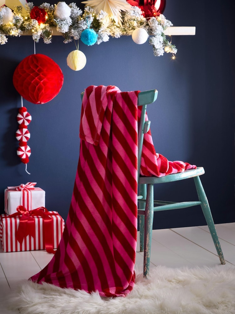 Fusion Pink Candy Stripe Printed Striped Fleece Throw - Image 1 of 3 Fusion Pink Candy Stripe Printed Striped Fleece Throw - Image 1 of 3