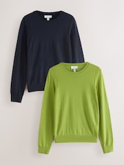 Green/Navy 100% Merino Wool N.Premium 2 Pack Crew Neck Jumpers - Image 1 of 5