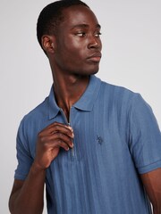 U.S. Polo Assn. Blue Mens Vertical Stripe Texture Polo Shirt - Image 4 of 7