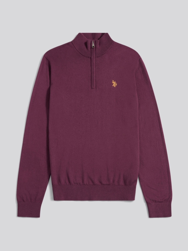 U.S. Polo Assn. Purple Mens Cotton Funnel Neck Quarter  Zip Knit Jumper - Image 1 of 3
